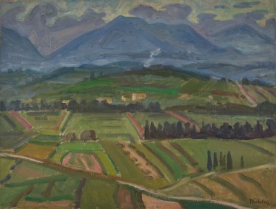 Near Florence, Fields and Mountains — Oil painting, Canvas, 60.00×80.00cm — Theodoros Markellos